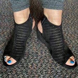 Vaneli suede shoe boots perforated black soft sexy worn twice size 9 wedge